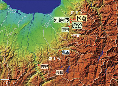 図1.越中七金山の分布（地理院地図に加筆）